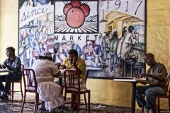 Four diners eat lunch at LA Grand Central Market.