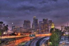Los Angeles 101 Freeway at night with a coyote and stars.